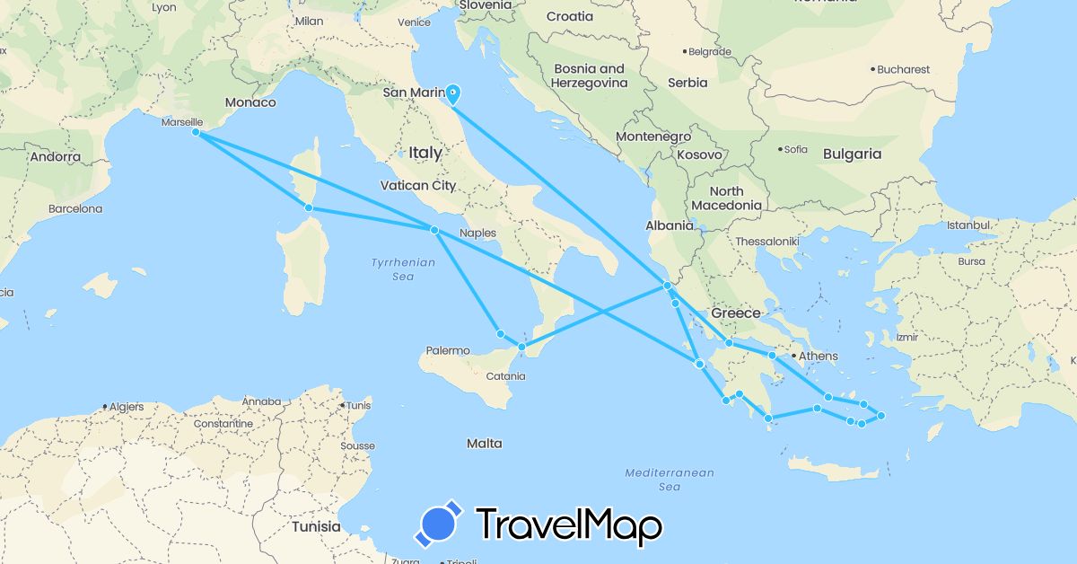 TravelMap itinerary: boat in France, Greece, Italy (Europe)